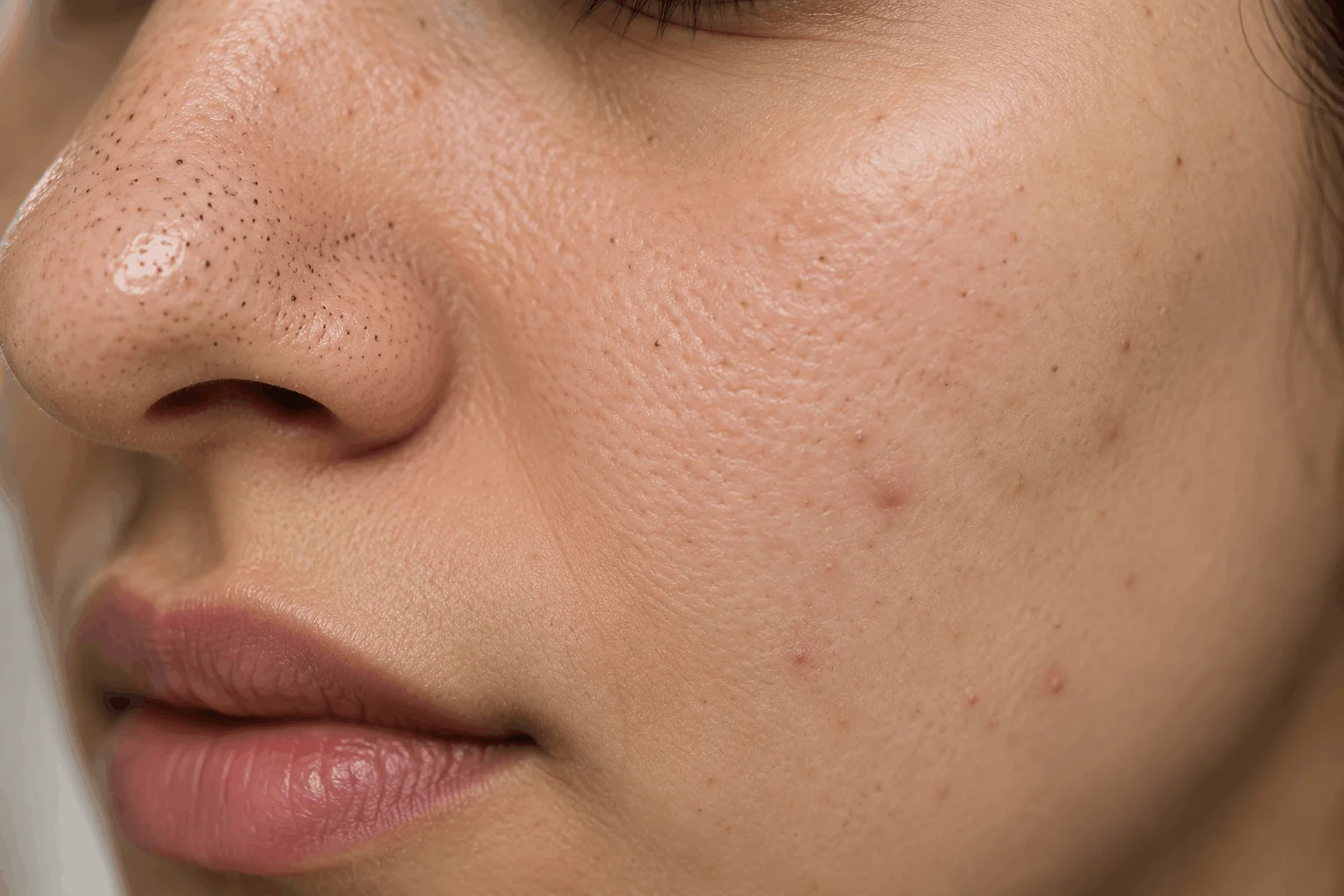 نمای نزدیک از پوست صورت با جوش‌های سرسیاه روی بینی و گونه