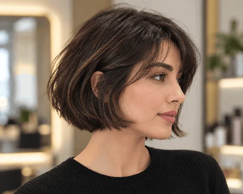 نمای نیم‌رخ مدل موی باب فرانسوی زنانه با چتری سبک و موهای قهوه‌ای کوتاه و حالت‌دار